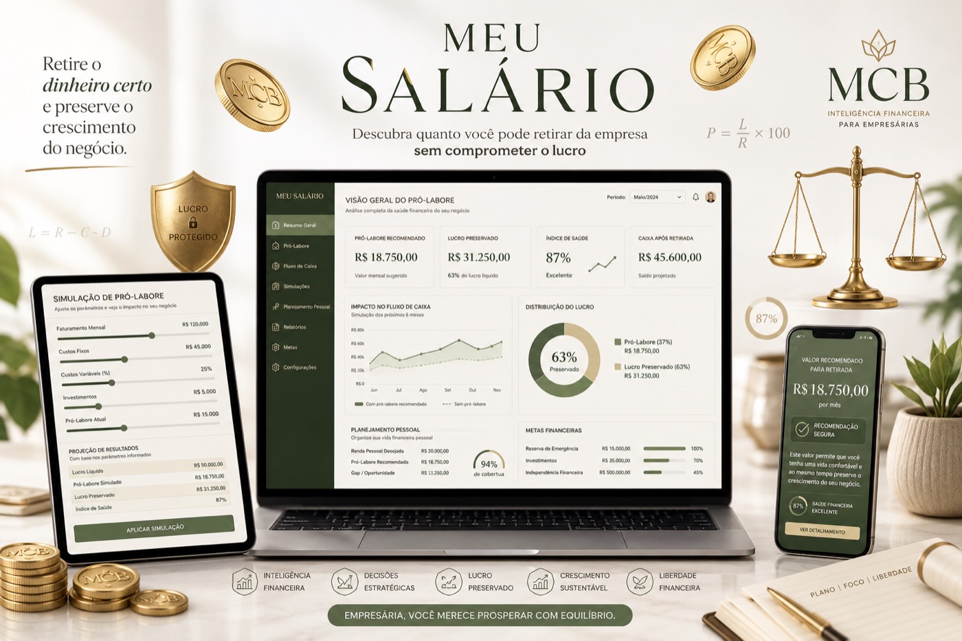 Tela da Calculadora Meu Salário mostrando pró-labore recomendado, lucro preservado e índice de saúde financeira